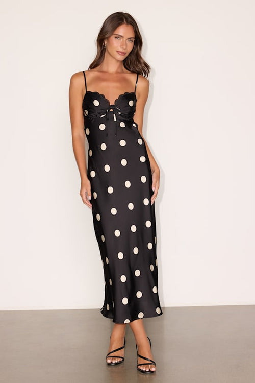 Maxime Black Polka Dot Satin Cowl Back Midi Dress