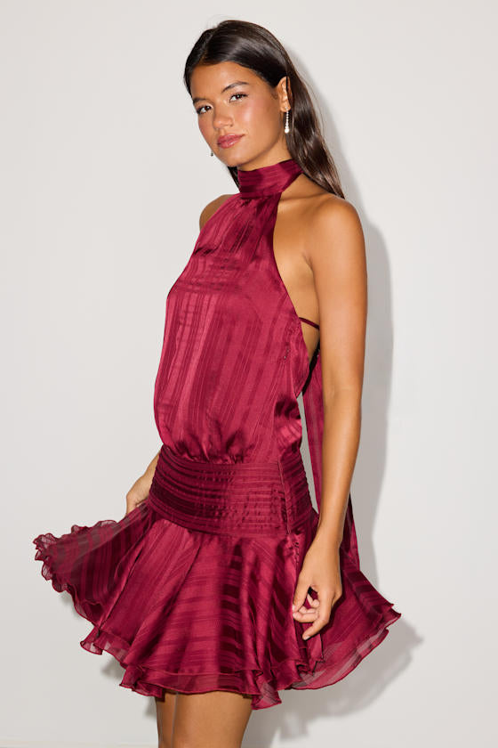 Cass Wine Red Striped Satin Drop Waist Mini Dress