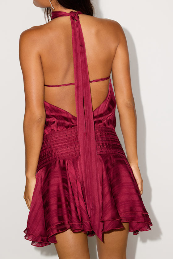 Cass Wine Red Striped Satin Drop Waist Mini Dress