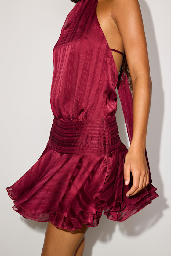 Cass Wine Red Striped Satin Drop Waist Mini Dress