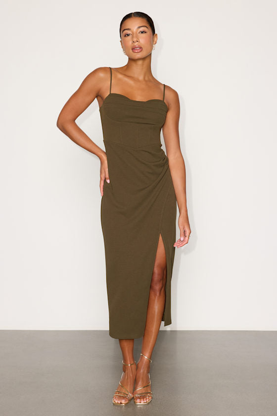 Always Turning Heads Olive Bustier Tulip Midi Dress