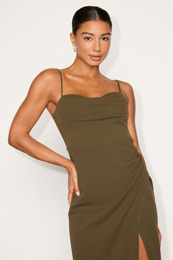 Always Turning Heads Olive Bustier Tulip Midi Dress