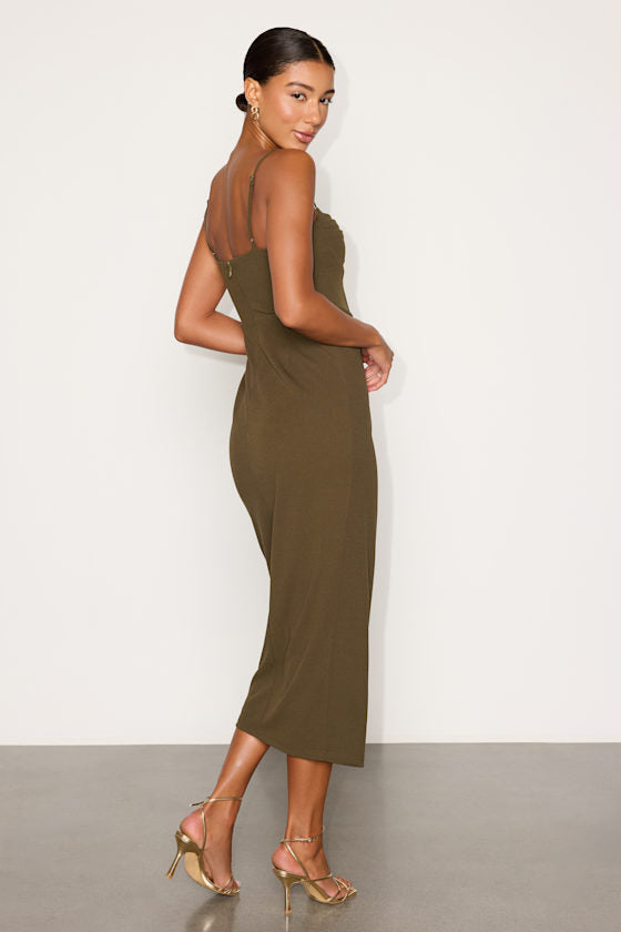 Always Turning Heads Olive Bustier Tulip Midi Dress