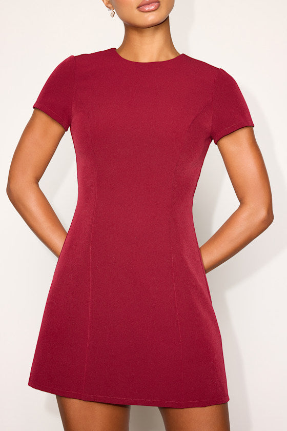 Renetta Burgundy Ponte Knit Short Sleeve Mini Dress
