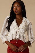 Ethel White Embroidered Ruffled Tie-Front Top