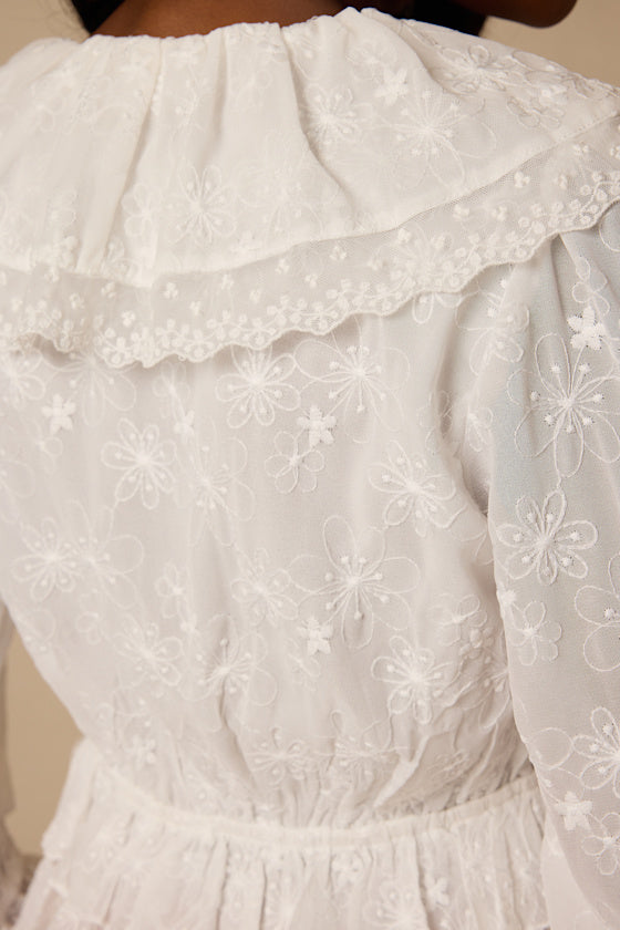 Ethel White Embroidered Ruffled Tie-Front Top