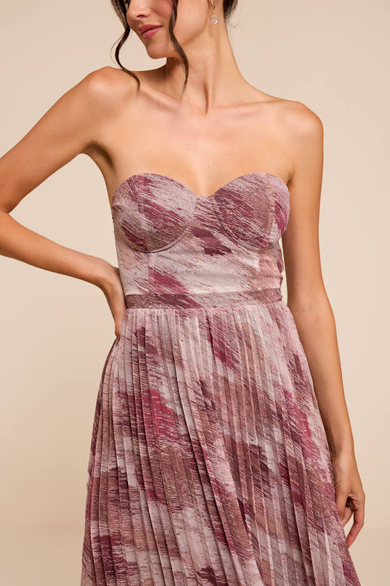 Juniva Mauve Multi Abstract Print Pleated Bustier Midi Dress