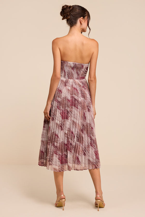 Juniva Mauve Multi Abstract Print Pleated Bustier Midi Dress