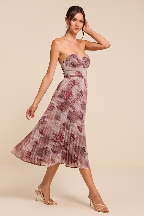 Juniva Mauve Multi Abstract Print Pleated Bustier Midi Dress