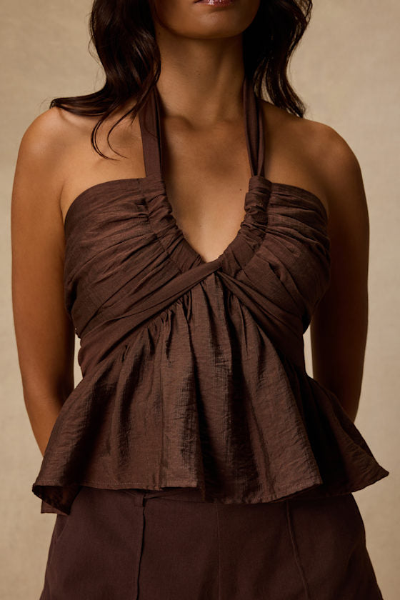 Kadri Brown Peplum Halter Top