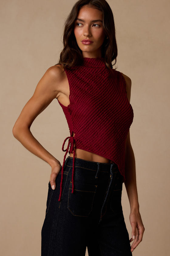 Kye Berry Red Crochet Lace Asymmetrical Tank Top