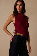 Kye Berry Red Crochet Lace Asymmetrical Tank Top
