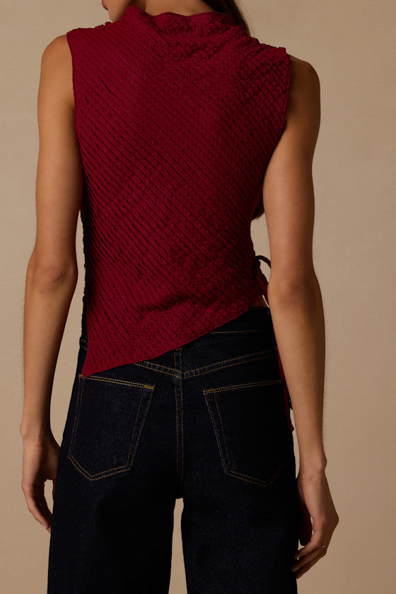 Kye Berry Red Crochet Lace Asymmetrical Tank Top