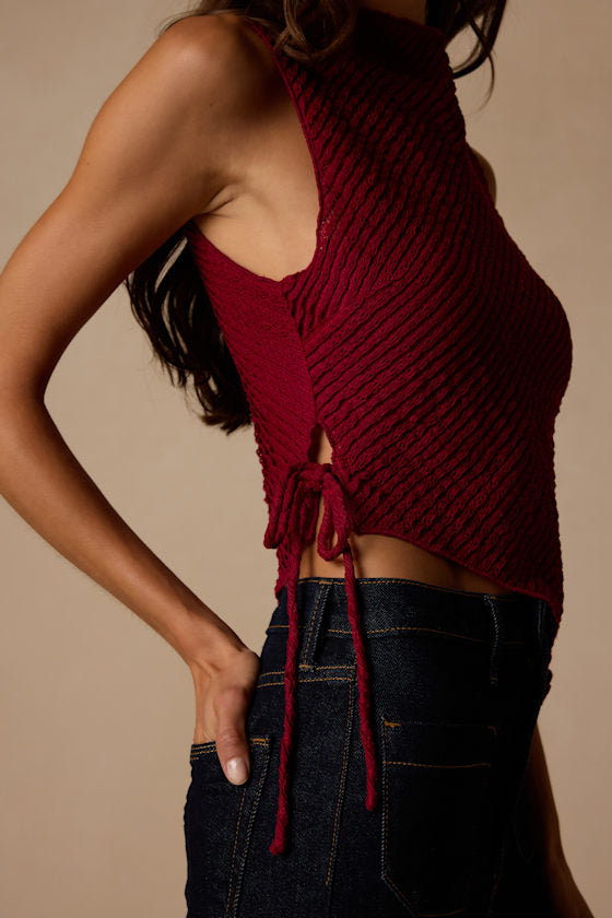 Kye Berry Red Crochet Lace Asymmetrical Tank Top