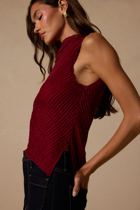 Kye Berry Red Crochet Lace Asymmetrical Tank Top