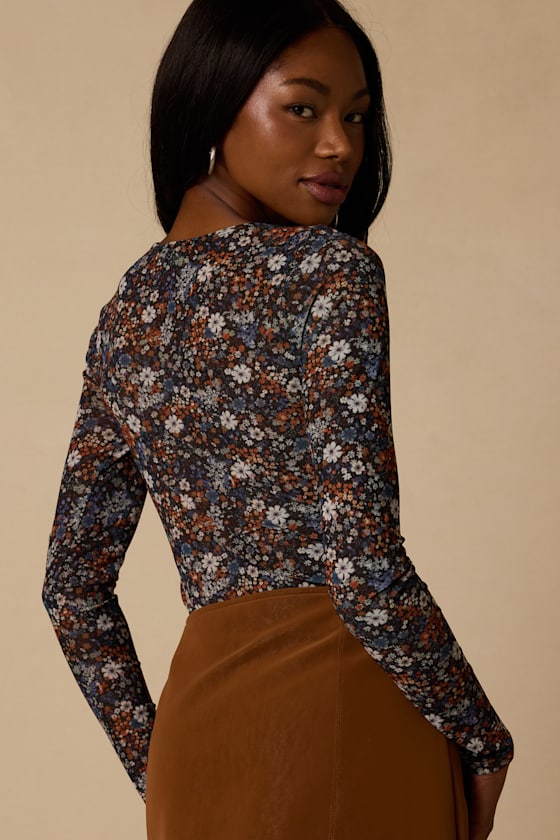 Everyday Luck Blue Floral Print Ruched Long Sleeve Bodysuit