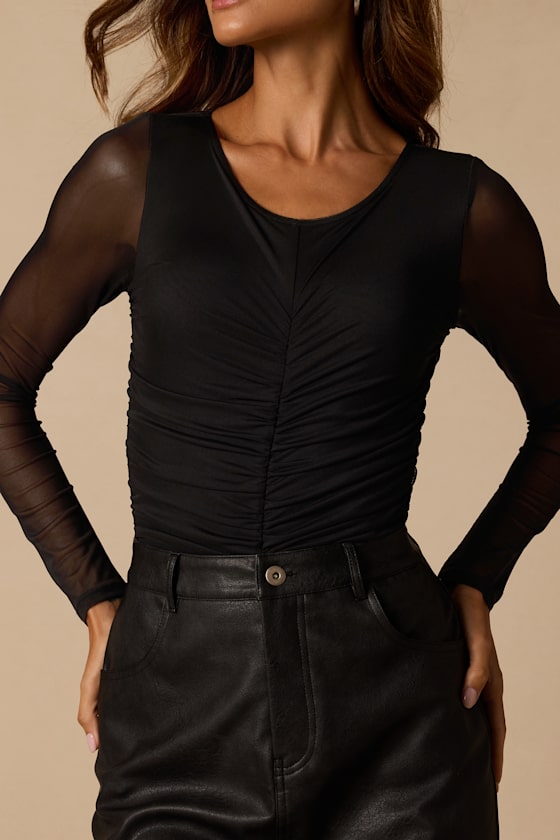 Everyday Luck Black Ruched Long Sleeve Bodysuit