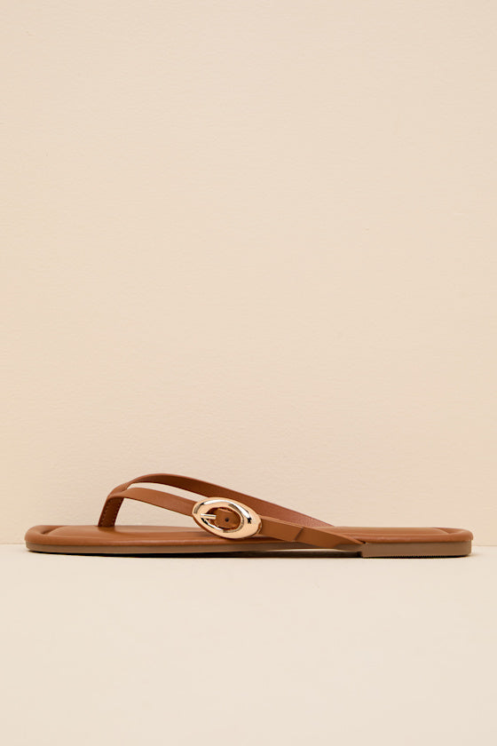 London Camel Buckle Thong Sandals