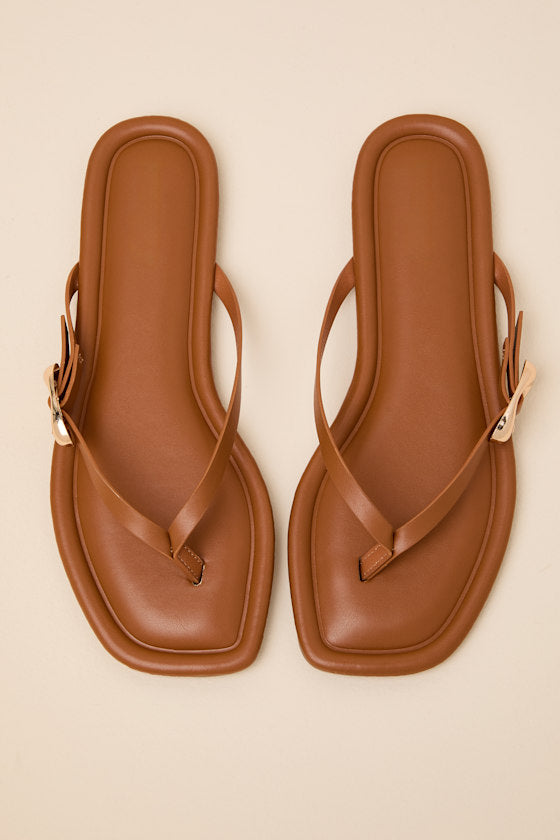 London Camel Buckle Thong Sandals
