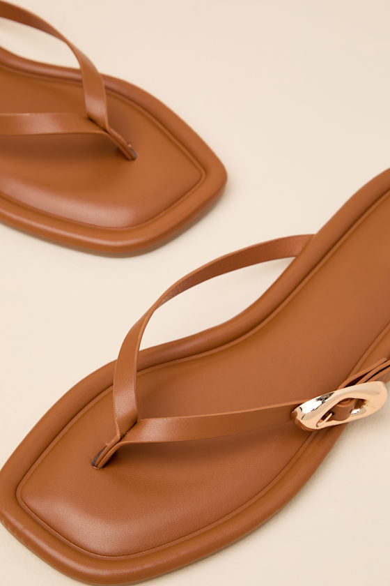 London Camel Buckle Thong Sandals