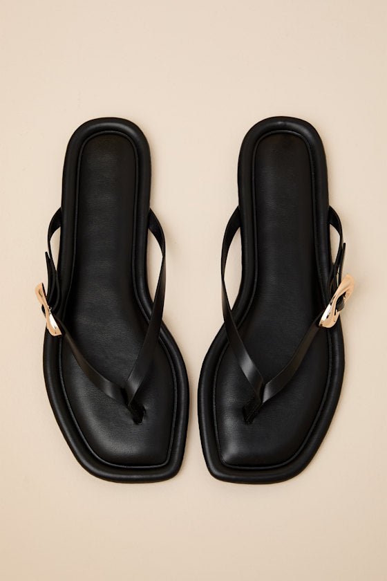 London Black Buckle Thong Sandals
