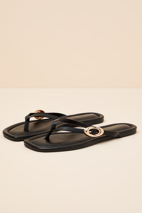 London Black Buckle Thong Sandals