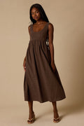 Shalena Brown Polka Dot Side-Tie Midi Dress