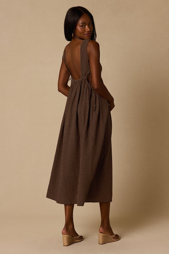 Shalena Brown Polka Dot Side-Tie Midi Dress