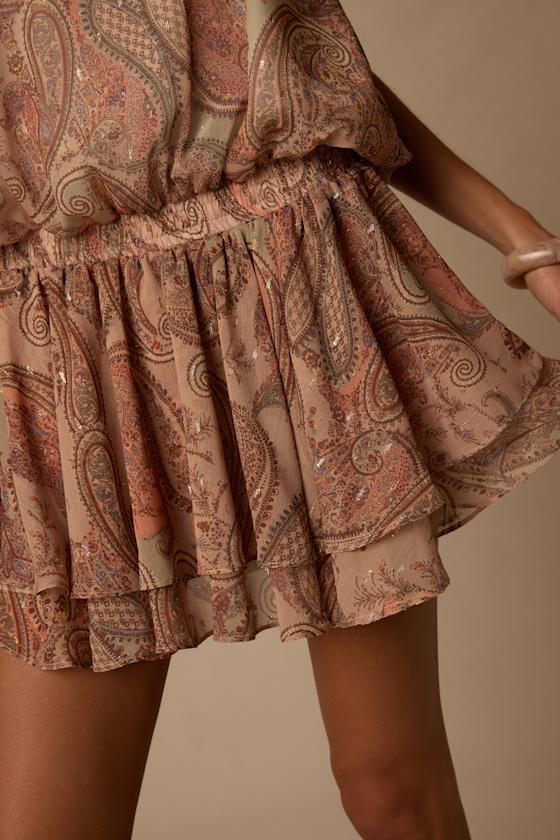 Jasmina Tan Multi Paisley Drop Waist Mini Dress
