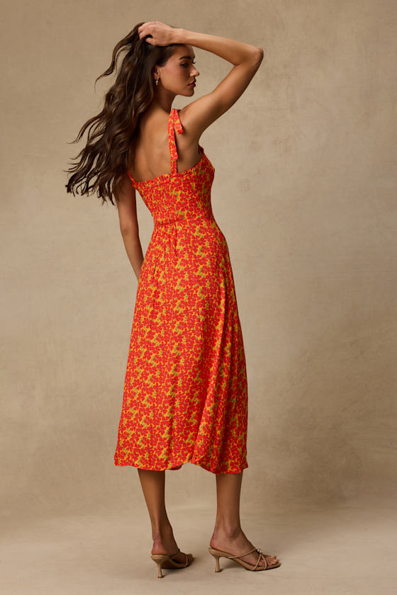 Dara Orange Multi Floral Tie-Strap Midi Dress