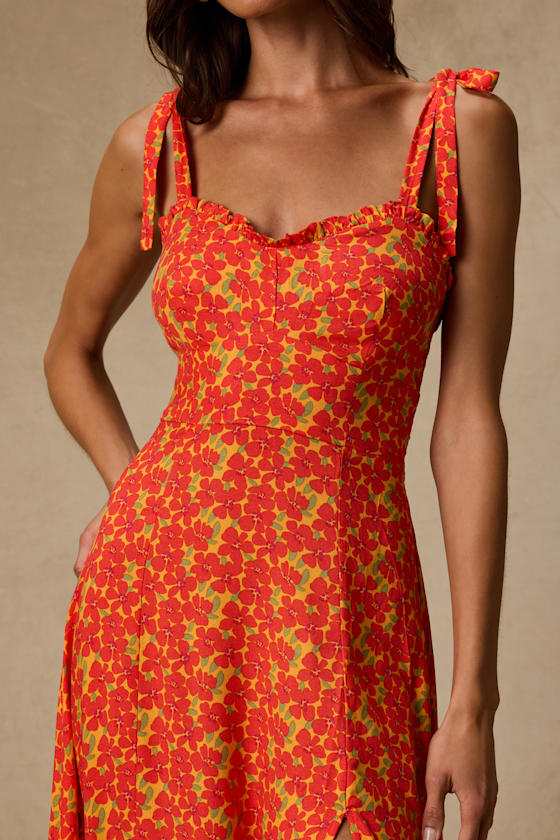 Dara Orange Multi Floral Tie-Strap Midi Dress