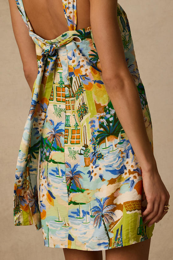 Brya Multi Vacation Print Halter Mini Dress