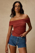 Saphira Rust Red Ribbed Knit Off-the-Shoulder Top