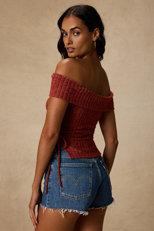 Saphira Rust Red Ribbed Knit Off-the-Shoulder Top