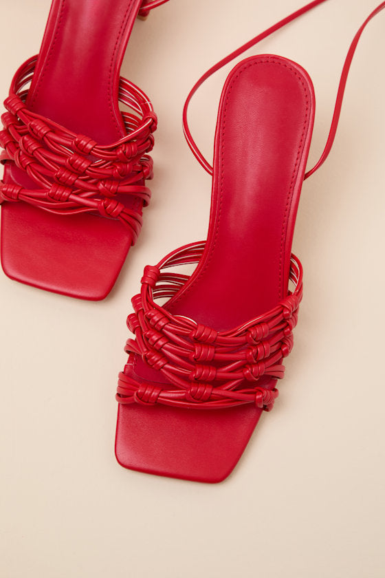 Eda Red Knotted Lace-Up High Heel Sandals