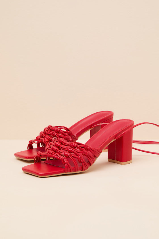 Eda Red Knotted Lace-Up High Heel Sandals