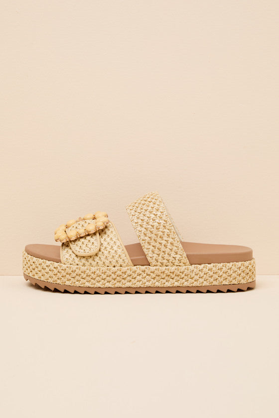 Babette Beige Raffia Buckle Platform Slide Sandals