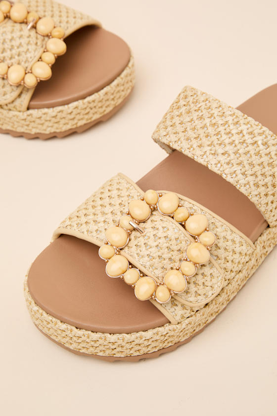 Babette Beige Raffia Buckle Platform Slide Sandals