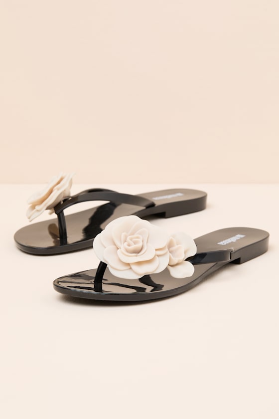 Harmonic Petals Black and Beige Thong Sandals