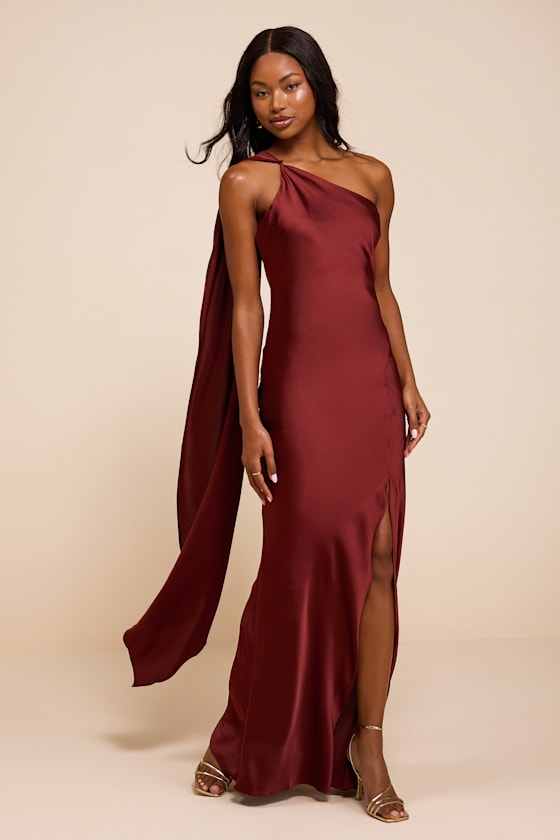 Amisha Rust Red Satin One-Shoulder Sash Maxi Dress