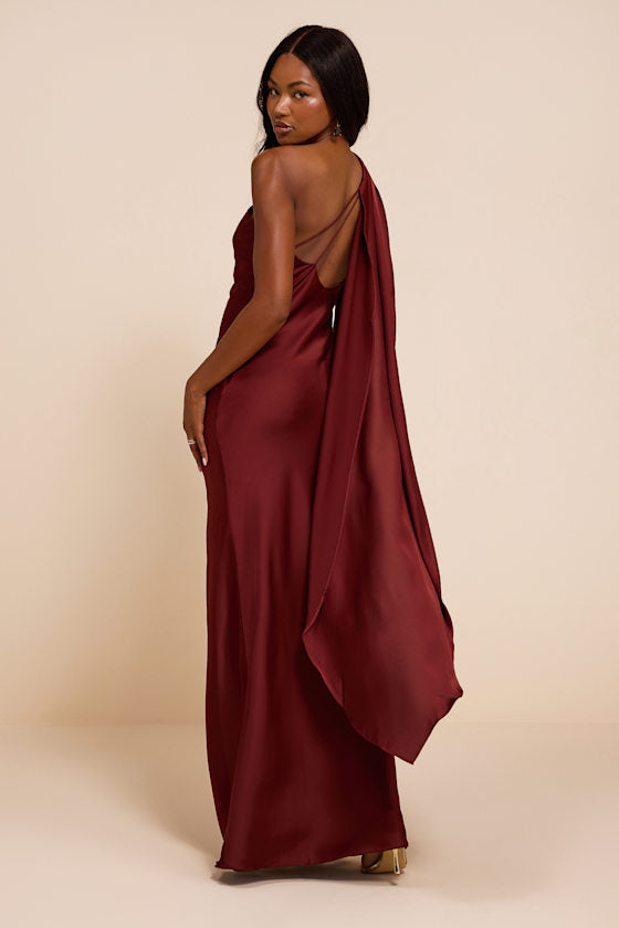 Amisha Rust Red Satin One-Shoulder Sash Maxi Dress