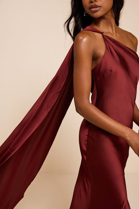 Amisha Rust Red Satin One-Shoulder Sash Maxi Dress