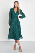 Evening of Elegance Black Floral Jacquard Wrap Midi Dress
