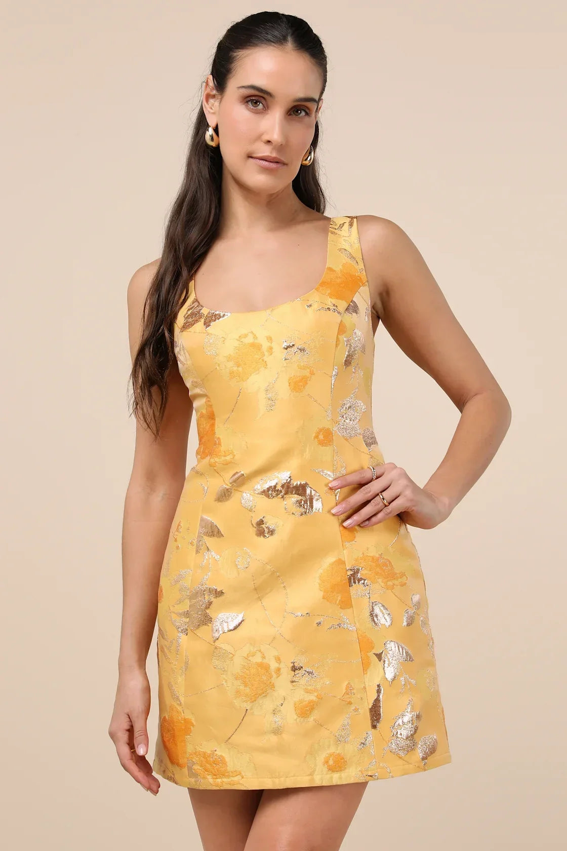 Kaloni Yellow Jacquard Lurex Sleeveless Mini Dress