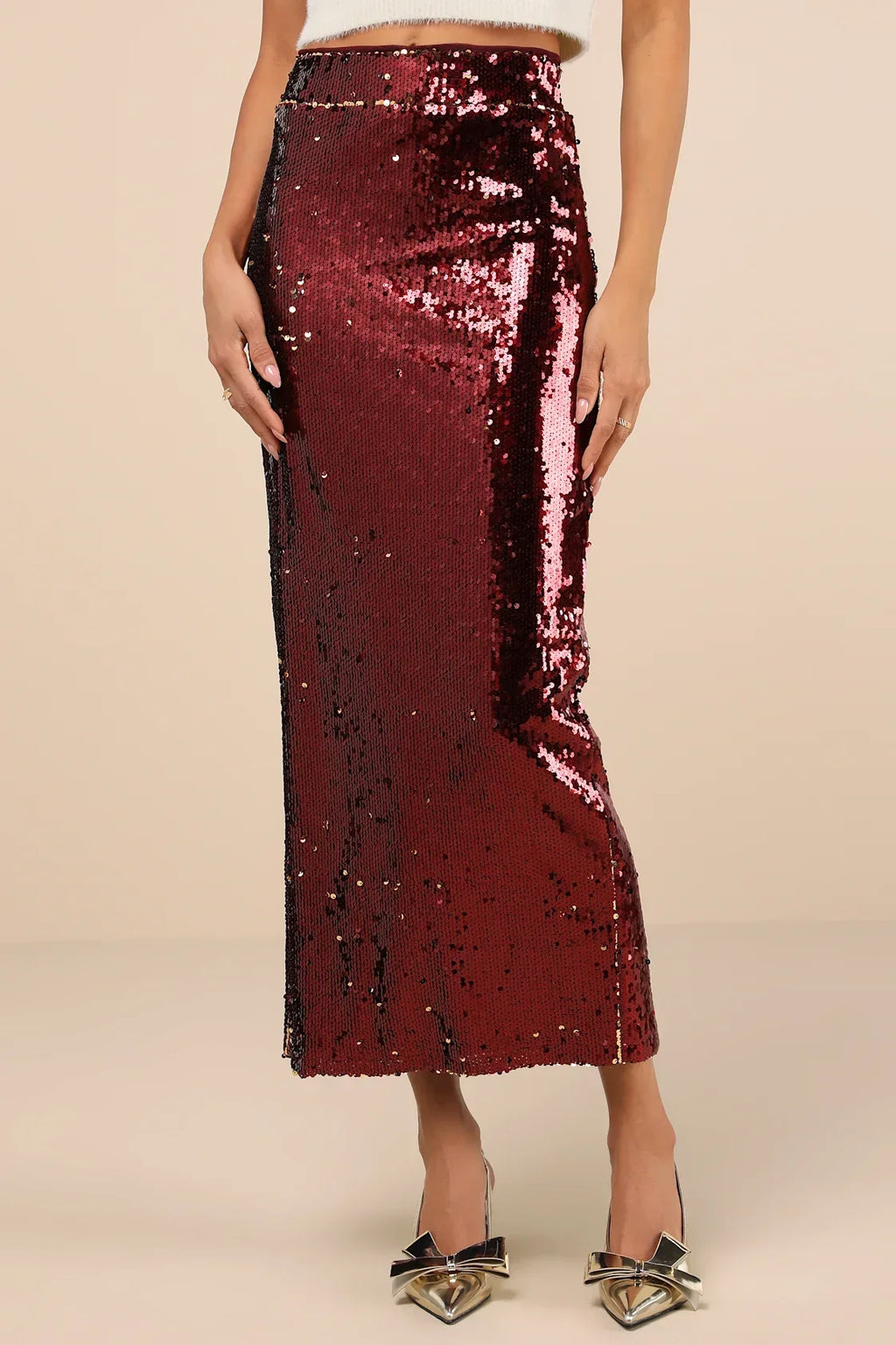 Dazzling Appearance Gold Sequin High-Rise Midi Skirt