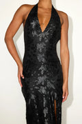 Rosaria Black Burnout Lurex Backless Halter Midi Dress