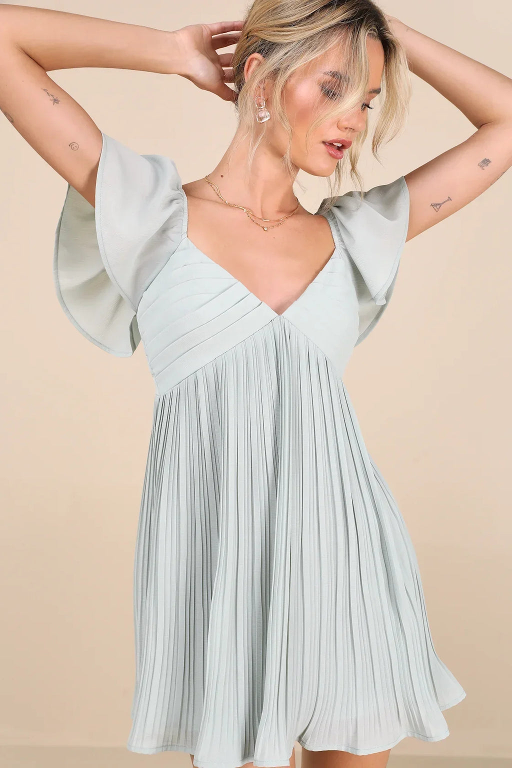 Amalfi Coast Emerald Pleated Flutter Sleeve Mini Dress
