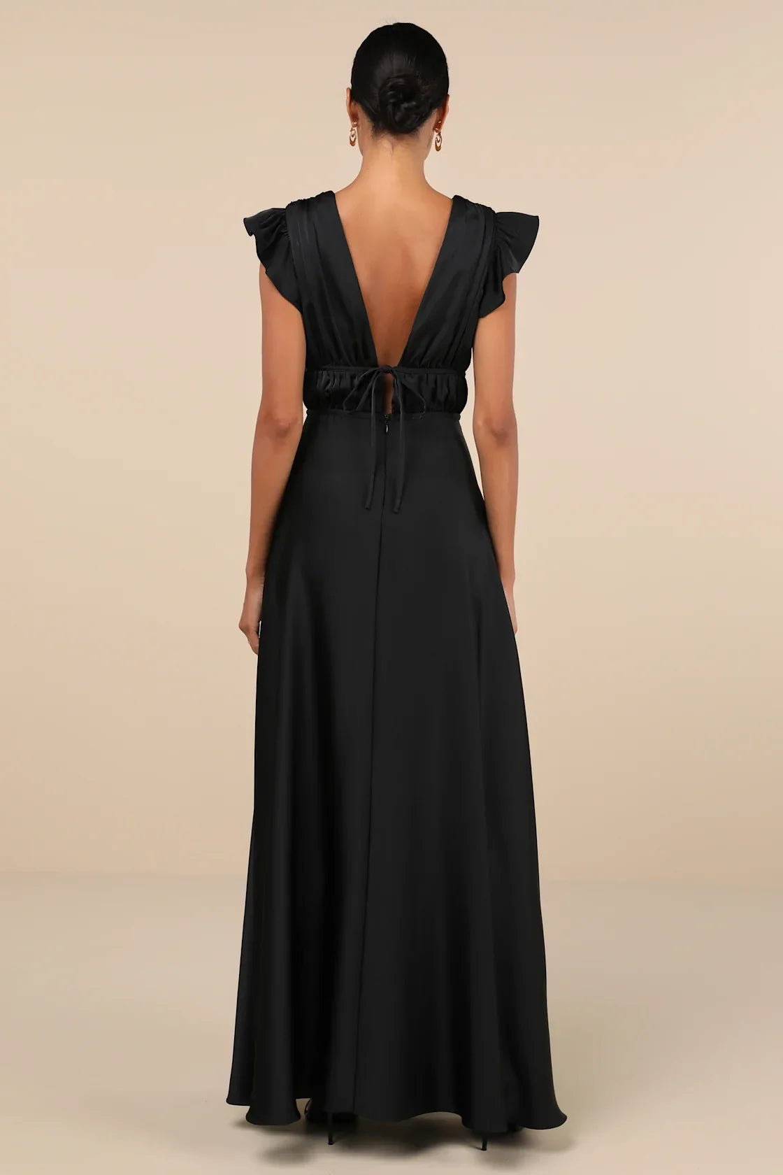 I'm All Yours Black Satin Cutout Ruffled Maxi Dress