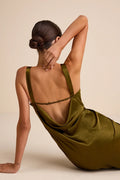 Janita Olive Satin Sleeveless Cowl Back Maxi Dress
