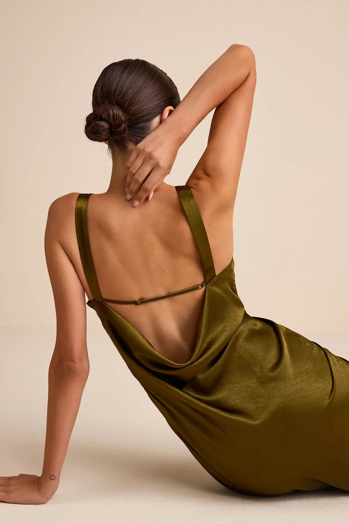 Janita Olive Satin Sleeveless Cowl Back Maxi Dress